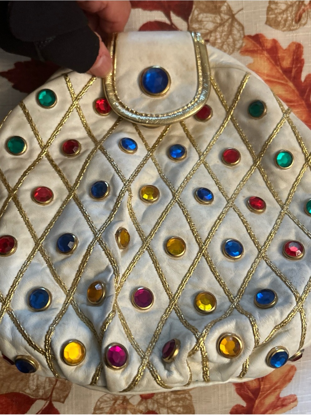 VIntage 1970s White Jeweled shoulder Bag with Multicolor Gems and gold braid